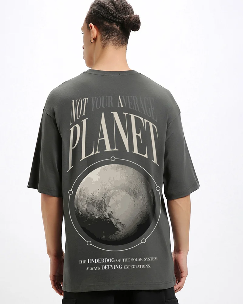 بيواكوف Men's Grey Pluto Graphic Printed Oversized T-shirt